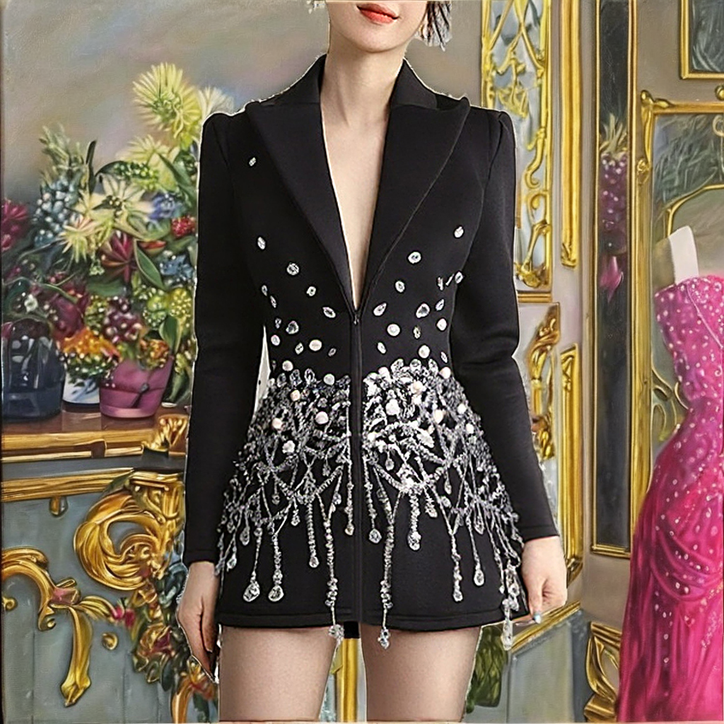 2024 Spring New French Fashionable Style Diamond Sequins Long Sleeved Slim Fit XL Single Button 3D Embroidery Suit