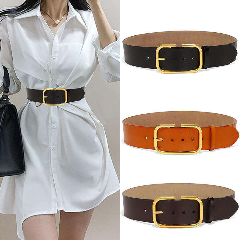 New Style Genuine Leather Belts Fashion Design Ladies Belts Wide Big Gold Alloy Pin Buckle Women Genuine Leather Belt