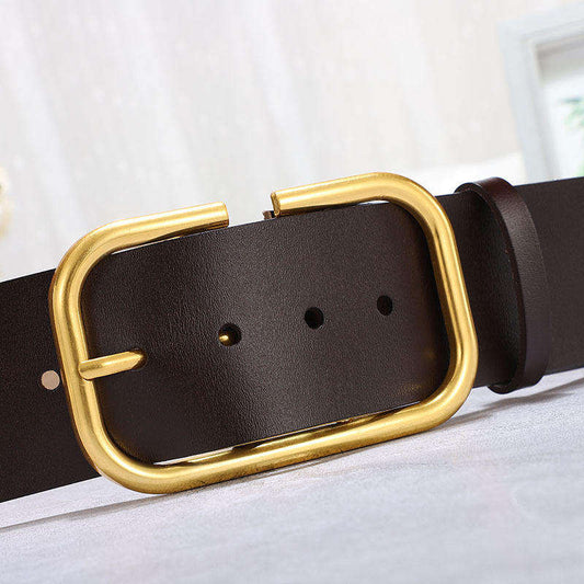 New Style Genuine Leather Belts Fashion Design Ladies Belts Wide Big Gold Alloy Pin Buckle Women Genuine Leather Belt