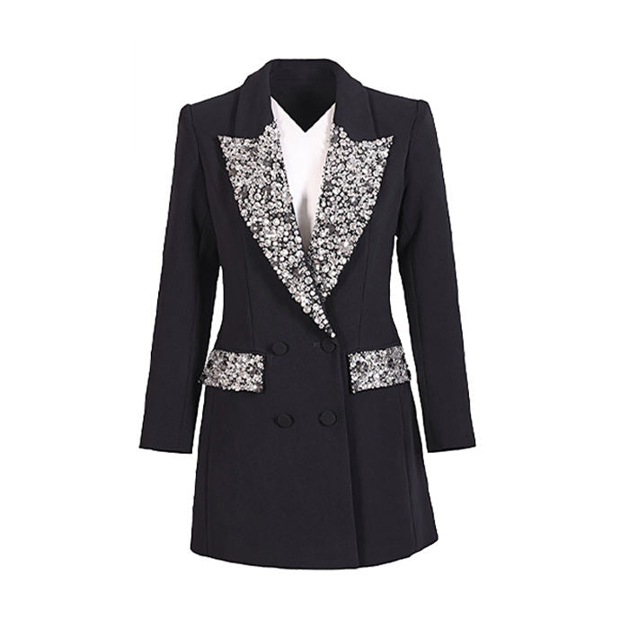 Ocstrade Women's Fashion Oversize Blazer V Neck Double Breasted Long Sleeve Casual Style Shiny Rhinestone Button Solid Pattern
