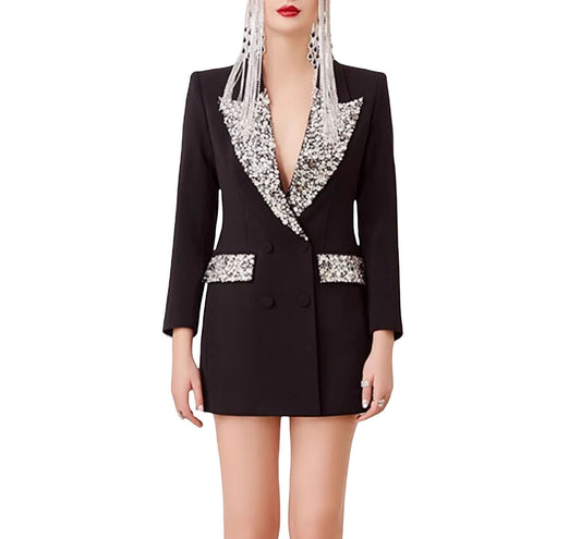 Ocstrade Women's Fashion Oversize Blazer V Neck Double Breasted Long Sleeve Casual Style Shiny Rhinestone Button Solid Pattern