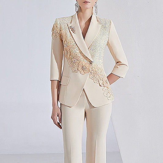 Elegant V Neck Sequin Blazer Pants Lady Office Wear Sets 2024 New Arrival Tuxedo Suits Single Button Closure Size XL