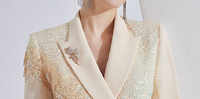 Elegant V Neck Sequin Blazer Pants Lady Office Wear Sets 2024 New Arrival Tuxedo Suits Single Button Closure Size XL