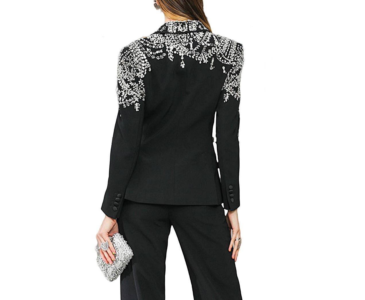 Elegant Lady Blazer Jacket Sequin Jewel Diamond Rhinestone Long Sleeve Single Button Closure Solid Pattern Nonwoven for Women