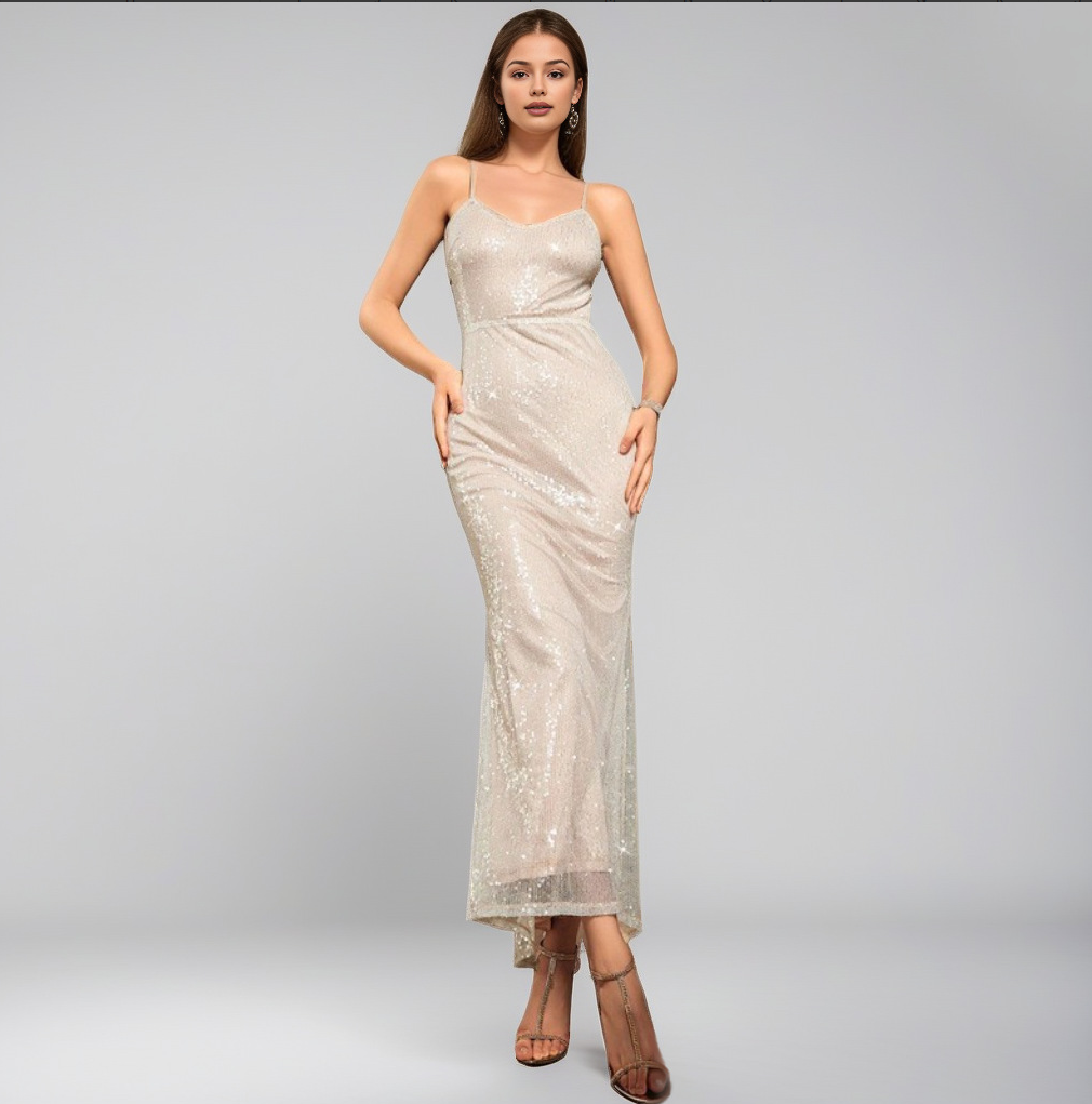 Summer Women's Strapless Maxi Dress Woven Mesh Beaded Evening Dress Draped Decoration Sweet Style Natural Waistline for Parties