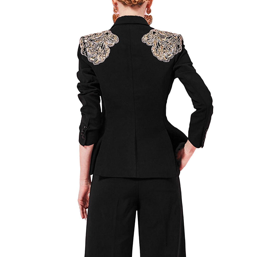 OUDINA Women's Elegant Blazer Single Breasted Closure Button Decoration Three-dimensional Beaded Flower Wholesale Solid Jacket