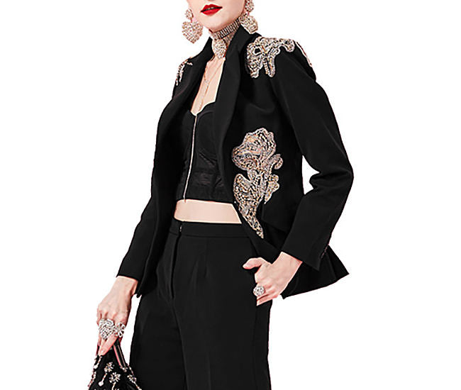 OUDINA Women's Elegant Blazer Single Breasted Closure Button Decoration Three-dimensional Beaded Flower Wholesale Solid Jacket