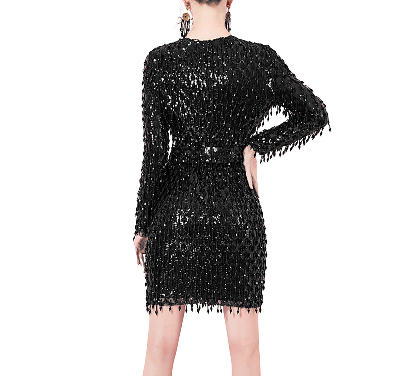 Women's Elegant Long Sleeve Mini Bodycon Dress Lace Decoration Empire Back Tie Design Plus Size for Cocktail Party Club