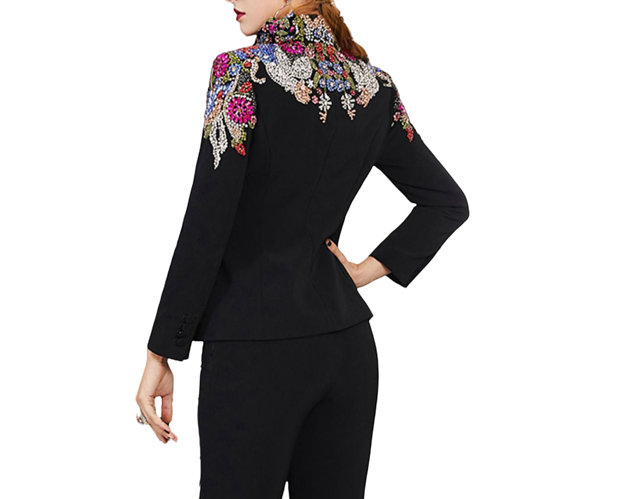 European American Star Women's Business Suit Set 3784 Beaded Diamond Studded Jackets Split Fishtail Long Skirt Button Decoration