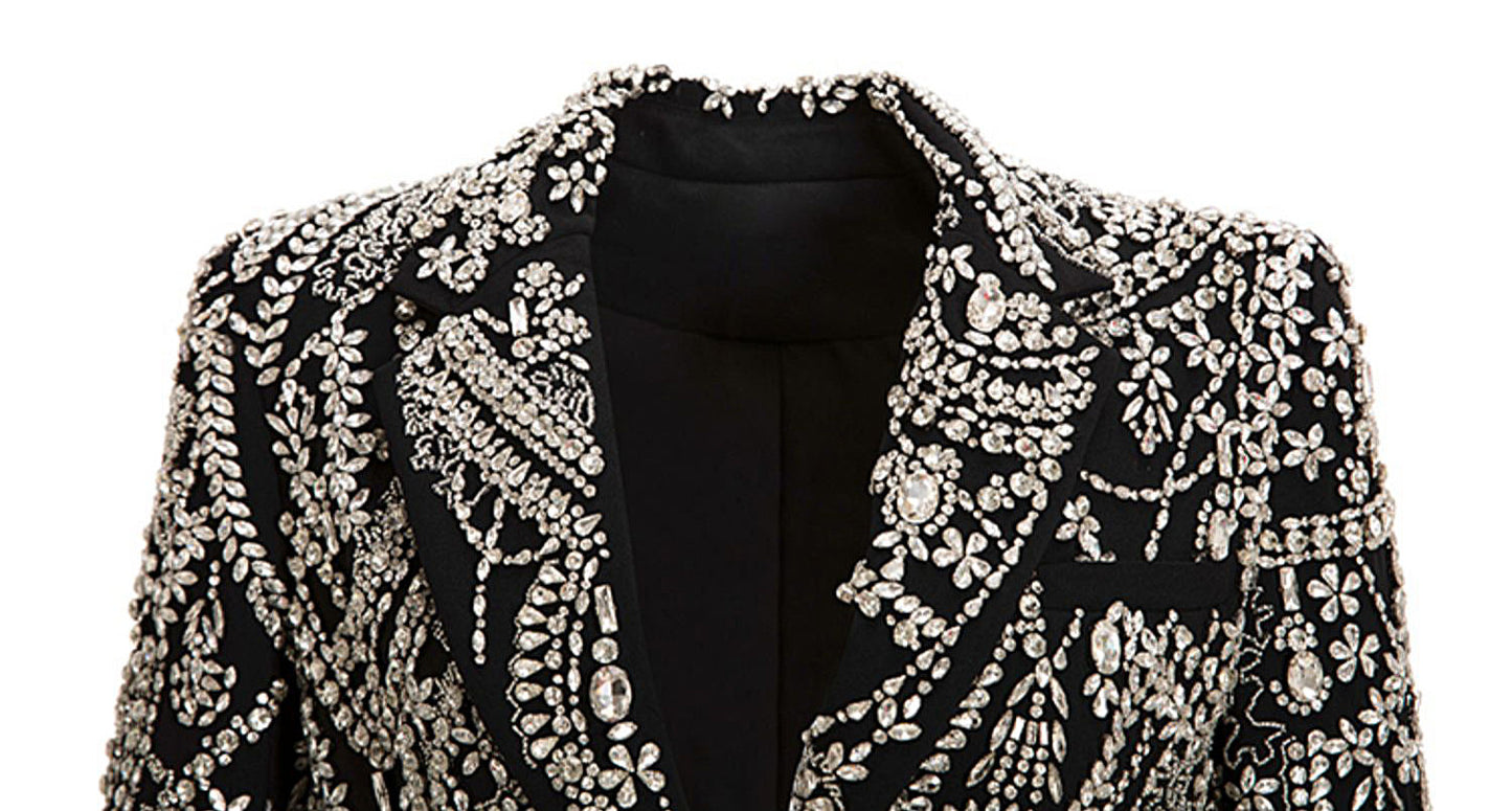 Elegant Mermaid-Style Solid High Slit Long Blazer Coat Rhinestone Sequins Women's Business Suits for Birthday Prom Party