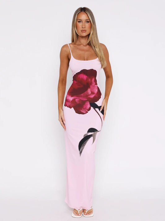 Women's High Quality Summer Dress Elegant Floral Printed Halter Sleeveless Square Collar Casual Style Strapless Design