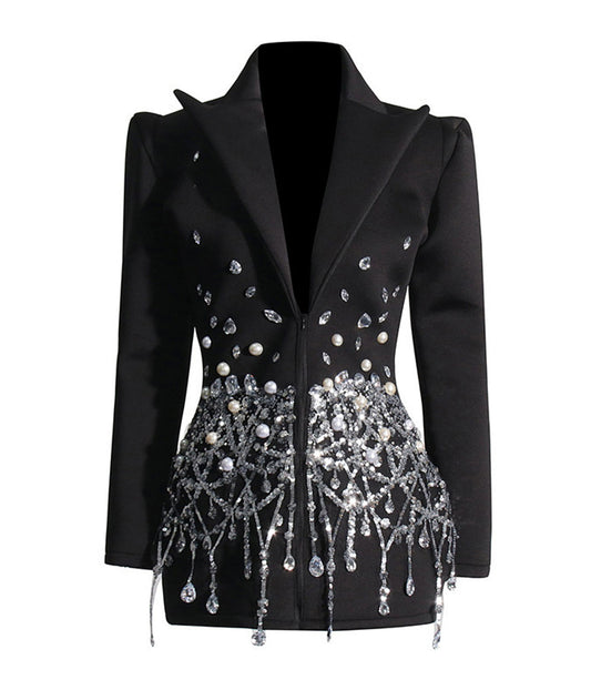 2024 Spring New French Fashionable Style Diamond Sequins Long Sleeved Slim Fit XL Single Button 3D Embroidery Suit