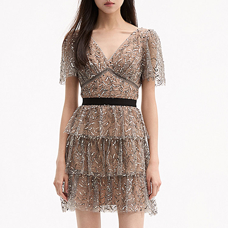 Women's Summer Office Lady Casual Dresses Long Maxi Short Sleeves V-Neck Embroidery Sequined Solid Natural Waist OEM Service