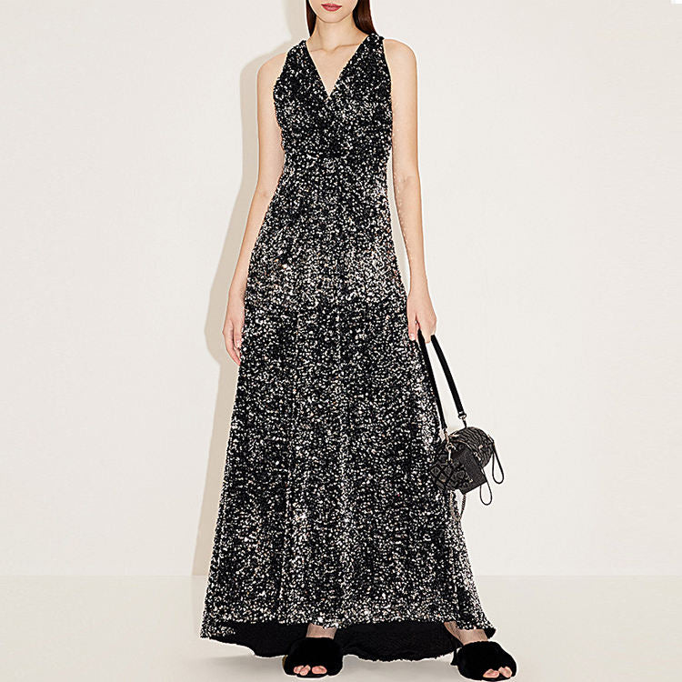 Women's Sweet Style Autumn New Halter Neck Dress Solid Pattern Mini Balloon Dress Sequins Maxi Length Natural for Winter