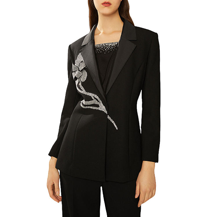 Women's Double-Breasted Blazer Coat Flower Nail Bead Detail Spring Autumn Heavy Industry Collection Waist Ding Neck Suit Stock