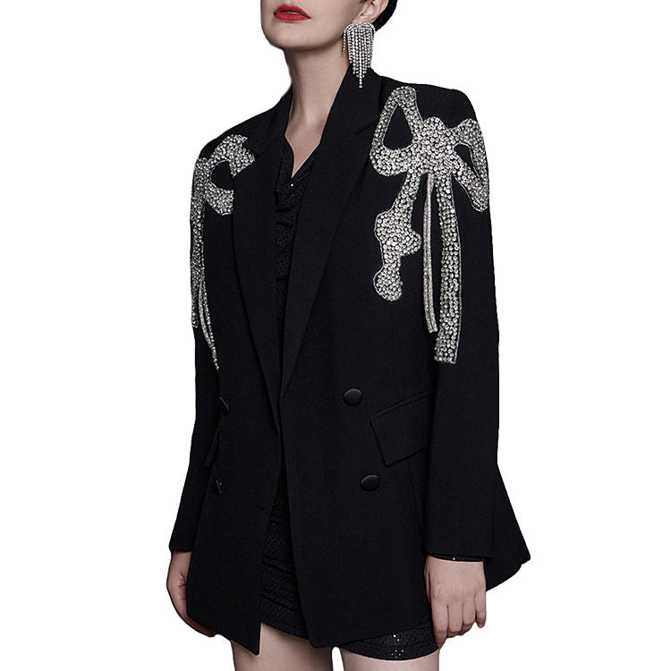 Luxury Women's Long Sleeve Blazer Jacket Black for Spring Autumn Unique Diamond Rhinestone Sequin Jewel Design Knitted Weaving