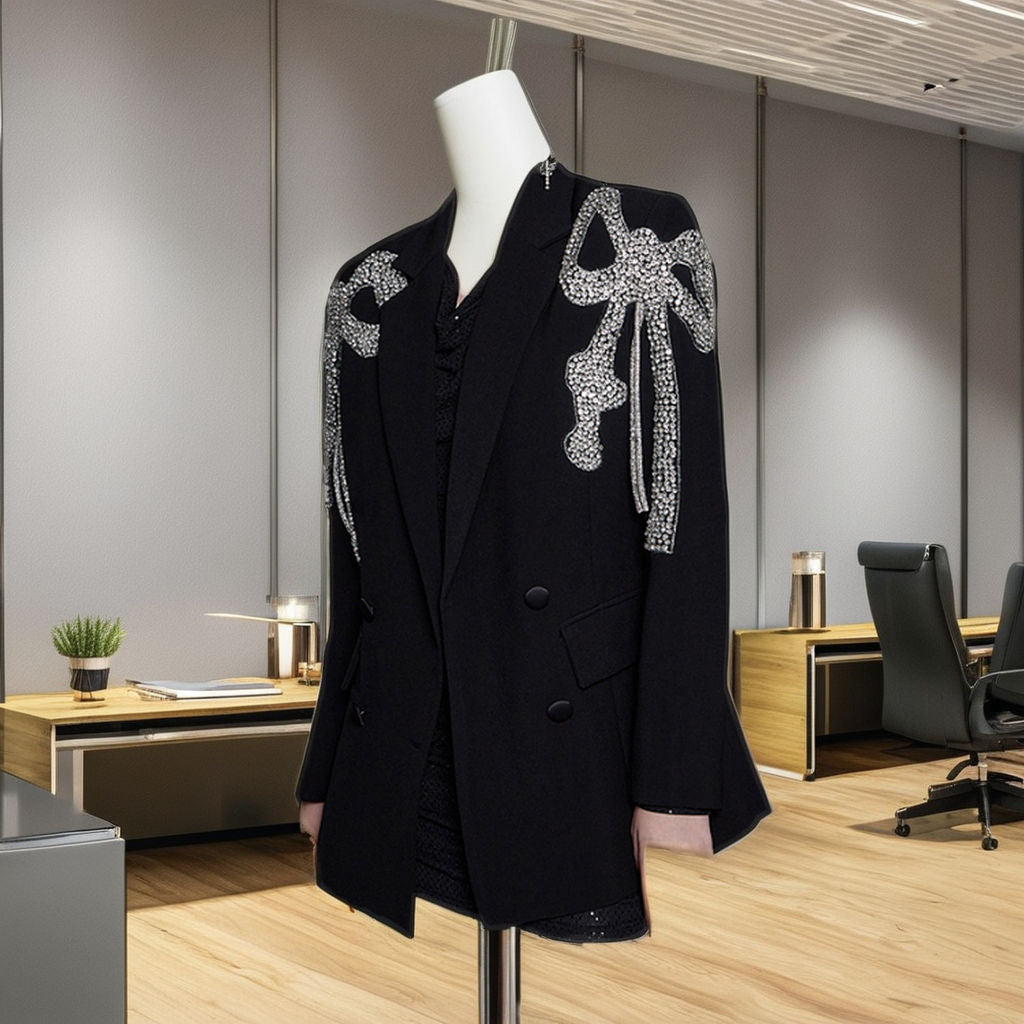 Luxury Women's Long Sleeve Blazer Jacket Black for Spring Autumn Unique Diamond Rhinestone Sequin Jewel Design Knitted Weaving