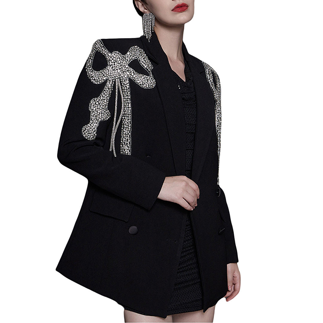 Luxury Women's Long Sleeve Blazer Jacket Black for Spring Autumn Unique Diamond Rhinestone Sequin Jewel Design Knitted Weaving