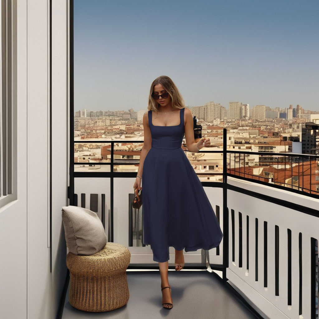 European American Women's Summer Sleeveless Camisole Dress French Square Neck Long Style Solid Pattern One Size Natural