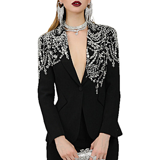 Elegant Lady Blazer Jacket Sequin Jewel Diamond Rhinestone Long Sleeve Single Button Closure Solid Pattern Nonwoven for Women