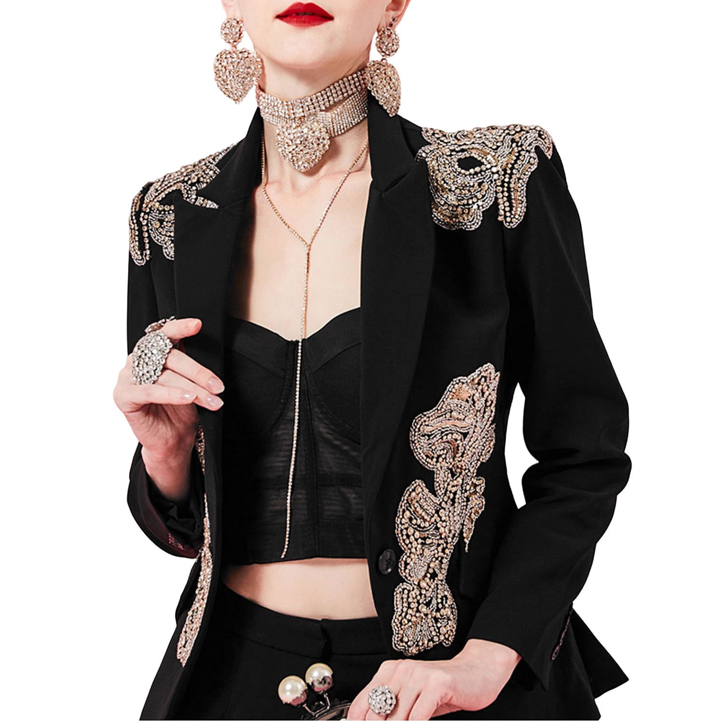 OUDINA Women's Elegant Blazer Single Breasted Closure Button Decoration Three-dimensional Beaded Flower Wholesale Solid Jacket