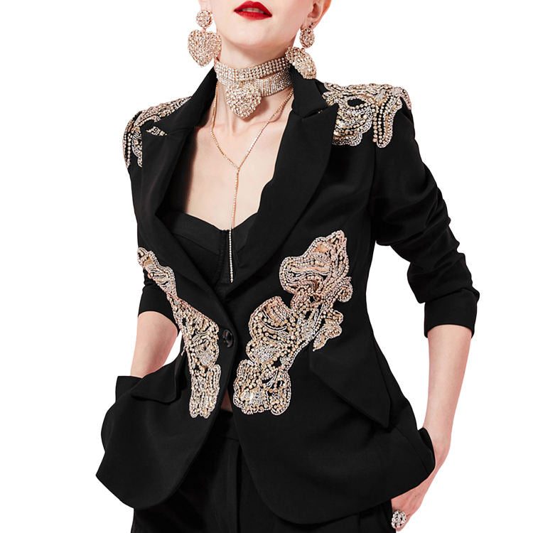 OUDINA Women's Elegant Blazer Single Breasted Closure Button Decoration Three-dimensional Beaded Flower Wholesale Solid Jacket
