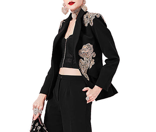 OUDINA Women's Elegant Blazer Single Breasted Closure Button Decoration Three-dimensional Beaded Flower Wholesale Solid Jacket