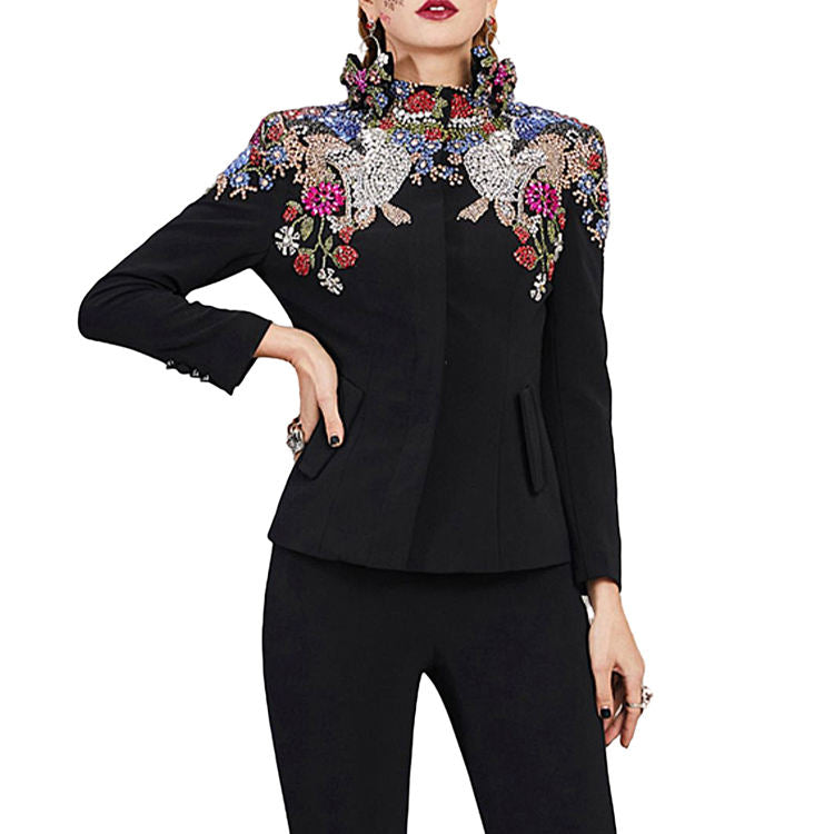 European American Star Women's Business Suit Set 3784 Beaded Diamond Studded Jackets Split Fishtail Long Skirt Button Decoration