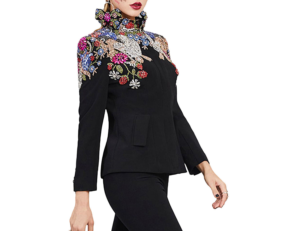 European American Star Women's Business Suit Set 3784 Beaded Diamond Studded Jackets Split Fishtail Long Skirt Button Decoration