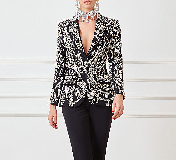 Elegant Mermaid-Style Solid High Slit Long Blazer Coat Rhinestone Sequins Women's Business Suits for Birthday Prom Party