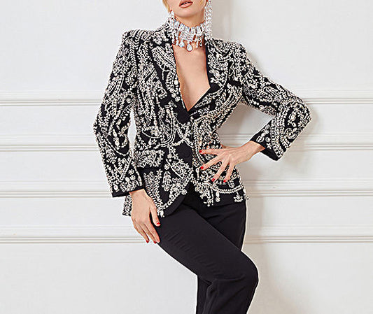 Elegant Mermaid-Style Solid High Slit Long Blazer Coat Rhinestone Sequins Women's Business Suits for Birthday Prom Party