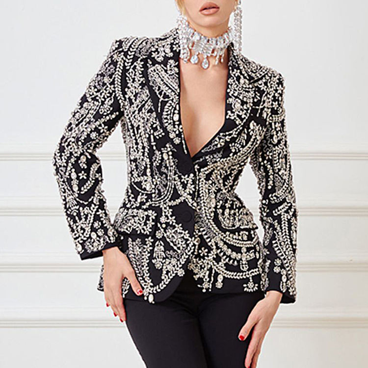 Elegant Mermaid-Style Solid High Slit Long Blazer Coat Rhinestone Sequins Women's Business Suits for Birthday Prom Party