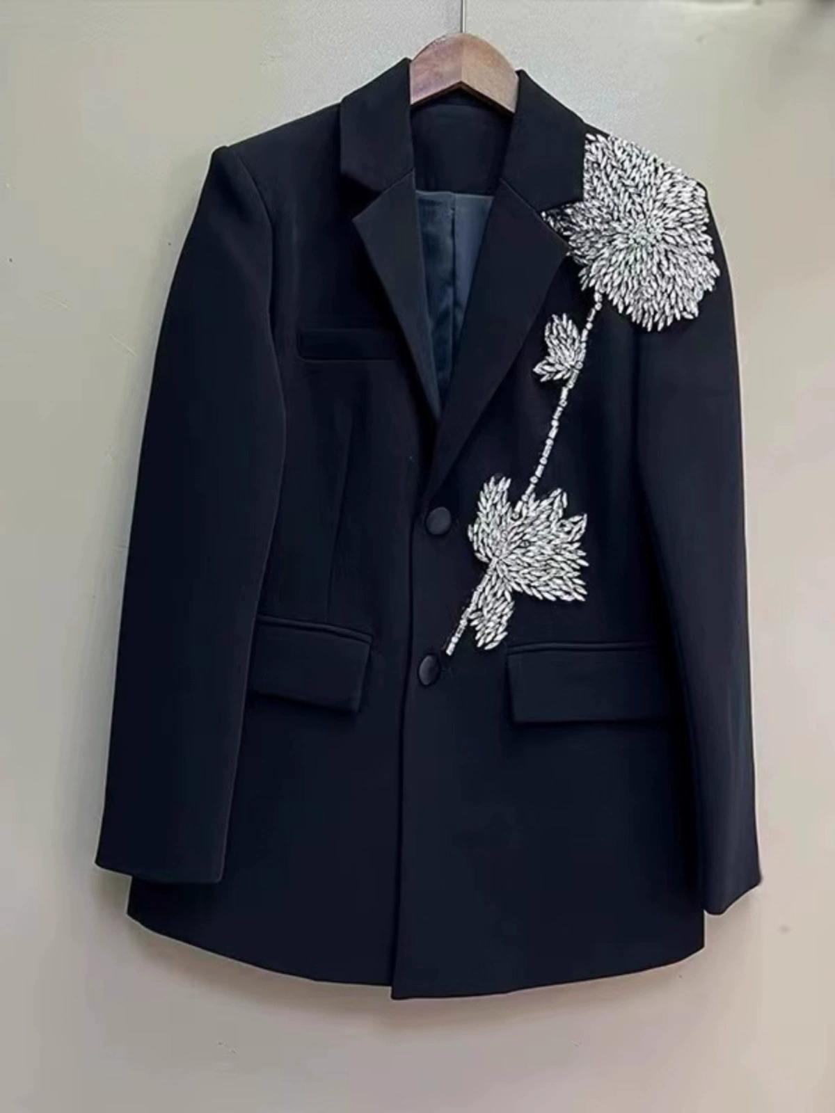 OUDINA Women's Elegant Blazers Wholesale Three-dimensional Beaded Flower Jacket with Button Decoration Solid Pattern Woven Weave