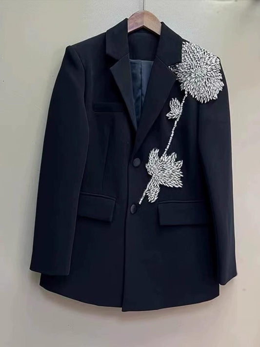 OUDINA Women's Elegant Blazers Wholesale Three-dimensional Beaded Flower Jacket with Button Decoration Solid Pattern Woven Weave