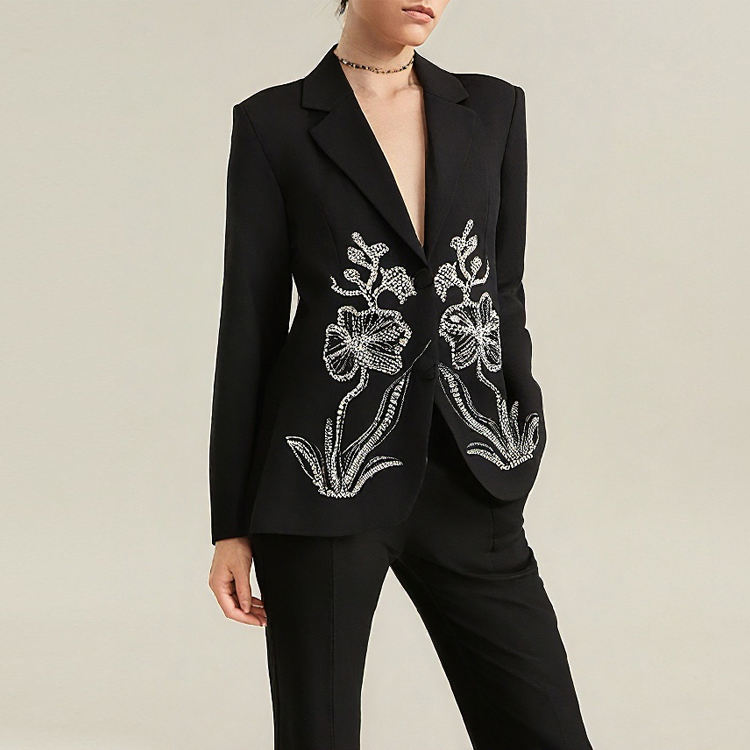 2025 New Hot Selling Women's V-Neck Blazer Niche High-End Fashion Jacket Heavy Industry Rhinestone Flower Decoration Two Button