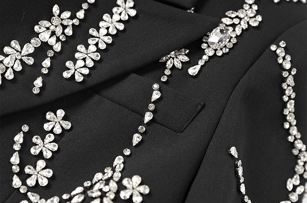 High Quality Ladies Double Breasted Satin Suit Dress Long Satin Collar with Embroidery Beading Double Buttons Solid Pattern