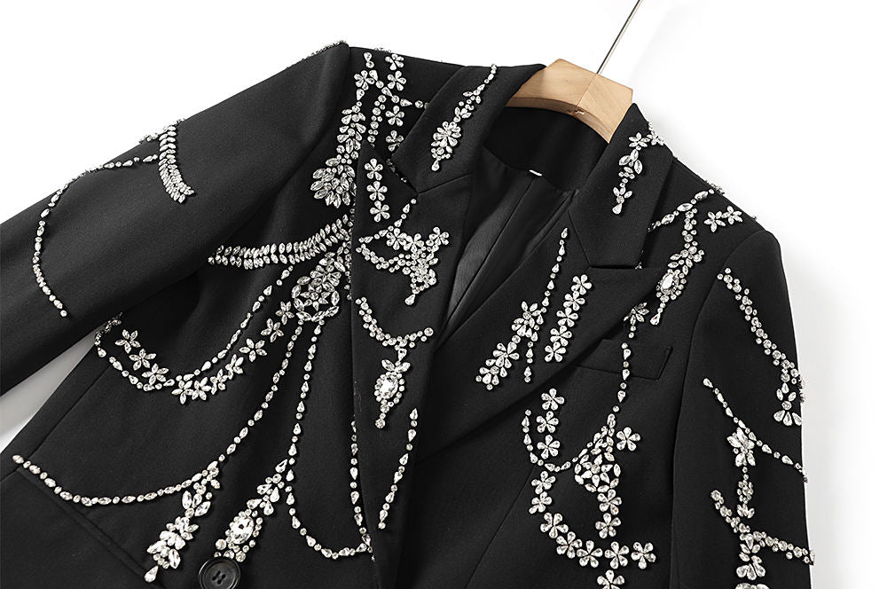 High Quality Ladies Double Breasted Satin Suit Dress Long Satin Collar with Embroidery Beading Double Buttons Solid Pattern